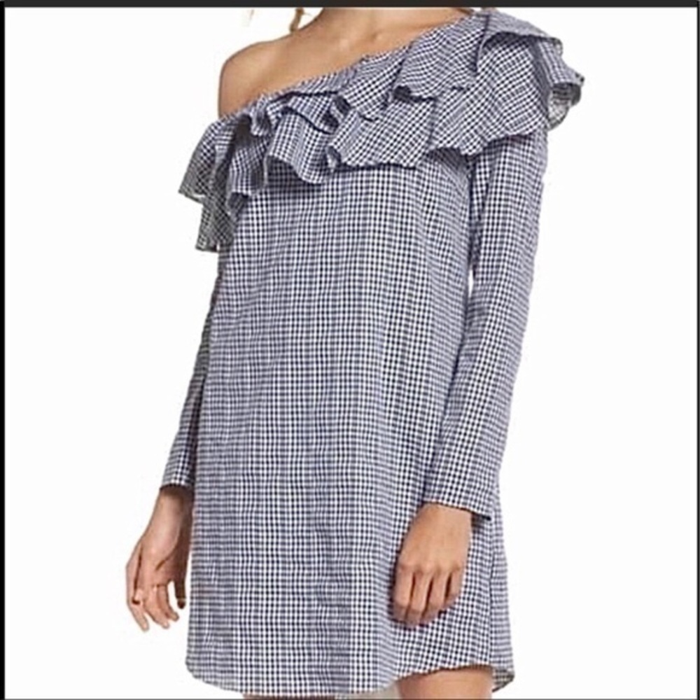 Adelyn Rae gingham 1 shoulder ruffle dress navy